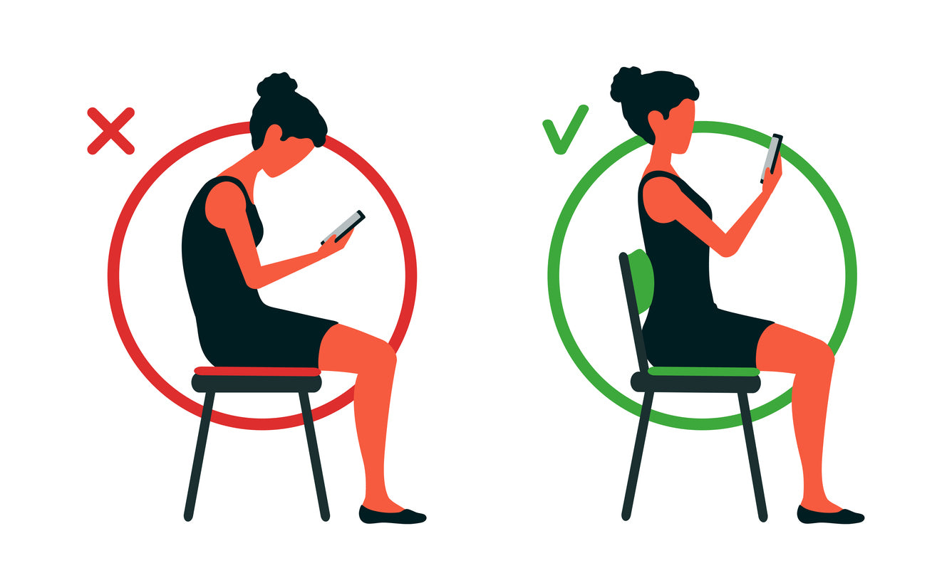 image show bad seated posture and good seated posture