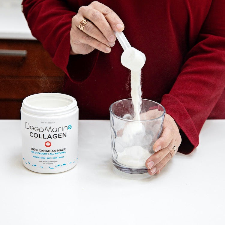 woman adding deepmarine collagen powder to a glass